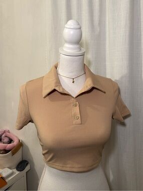 SHEIN Beige Ribbed Polo Crop Top
